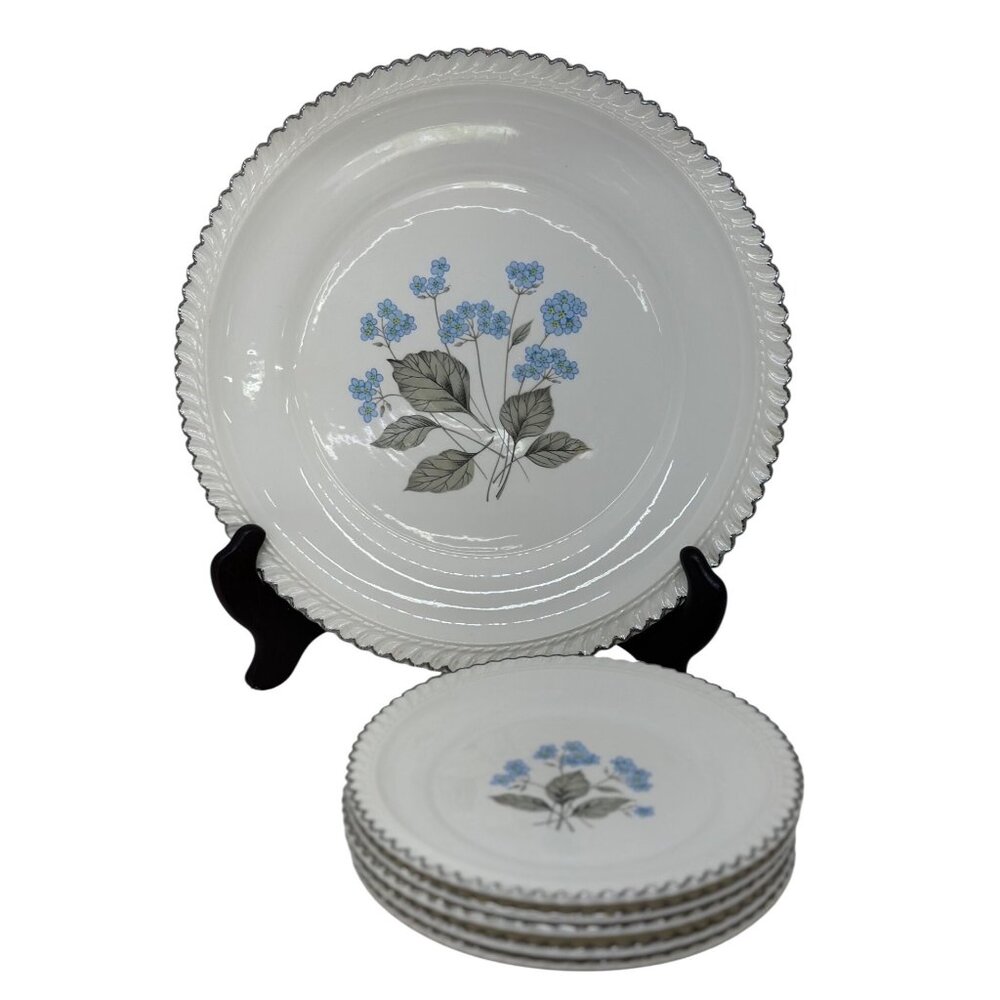 Vintage Harkerware White Chapel‎ Plates Set of 5 Blue Floral Snack Dessert China